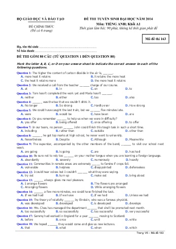 Đề thi tuyển sinh đại học năm 2014 môn Tiếng Anh Khối A1 - Mã đề 163 (Kèm đáp án)