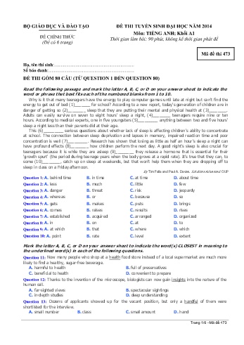 Đề thi tuyển sinh đại học năm 2014 môn Tiếng Anh Khối A1 - Mã đề 473 (Kèm đáp án)