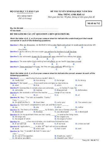 Đề thi tuyển sinh đại học năm 2014 môn Tiếng Anh Khối A1 - Mã đề 712 (Kèm đáp án)