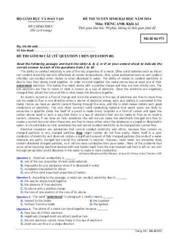Đề thi tuyển sinh đại học năm 2014 môn Tiếng Anh Khối A1 - Mã đề 973 (Kèm đáp án)