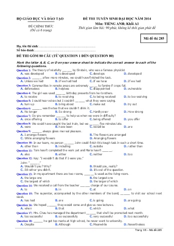 Đề thi tuyển sinh đại học năm 2014 môn Tiếng Anh Khối A1 - Mã đề 285 (Kèm đáp án)