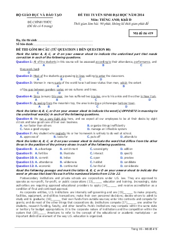 Đề thi tuyển sinh đại học năm 2014 môn Tiếng Anh Khối D - Mã đề 419 (Kèm đáp án)