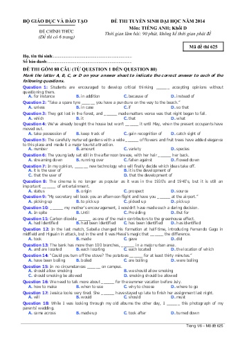 Đề thi tuyển sinh đại học năm 2014 môn Tiếng Anh Khối D - Mã đề 625 (Kèm đáp án)