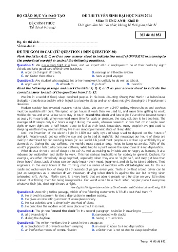 Đề thi tuyển sinh đại học năm 2014 môn Tiếng Anh Khối D - Mã đề 852 (Kèm đáp án)