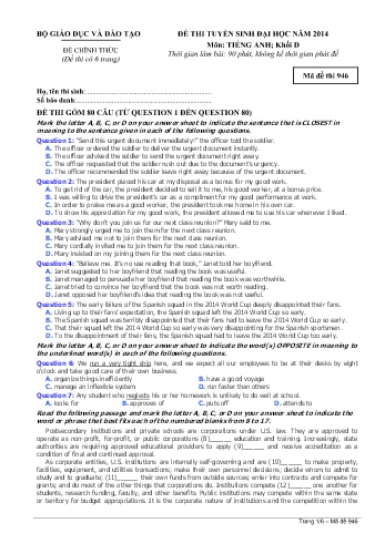 Đề thi tuyển sinh đại học năm 2014 môn Tiếng Anh Khối D - Mã đề 946 (Kèm đáp án)
