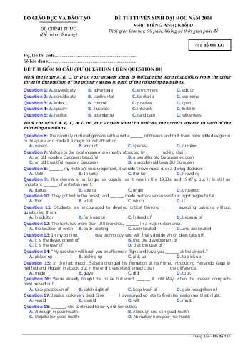 Đề thi tuyển sinh đại học năm 2014 môn Tiếng Anh Khối D - Mã đề 137 (Kèm đáp án)