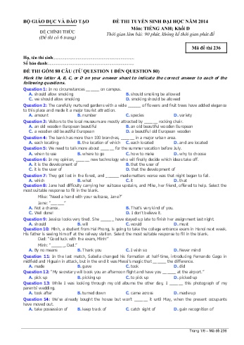 Đề thi tuyển sinh đại học năm 2014 môn Tiếng Anh Khối D - Mã đề 236 (Kèm đáp án)
