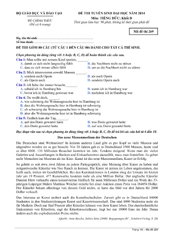 Đề thi tuyển sinh đại học năm 2014 môn Tiếng Đức Khối D - Mã đề 269 (Kèm đáp án)