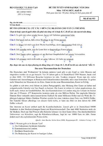 Đề thi tuyển sinh đại học năm 2014 môn Tiếng Đức Khối D - Mã đề 953 (Kèm đáp án)