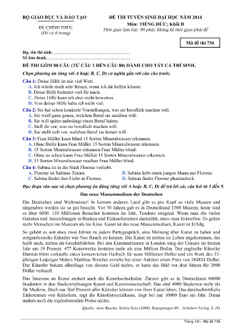 Đề thi tuyển sinh đại học năm 2014 môn Tiếng Đức Khối D - Mã đề 736 (Kèm đáp án)