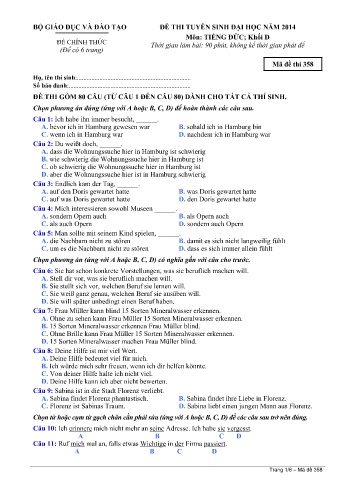 Đề thi tuyển sinh đại học năm 2014 môn Tiếng Đức Khối D - Mã đề 358 (Kèm đáp án)