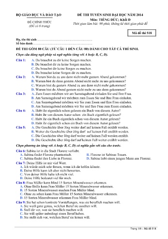 Đề thi tuyển sinh đại học năm 2014 môn Tiếng Đức Khối D - Mã đề 518 (Kèm đáp án)