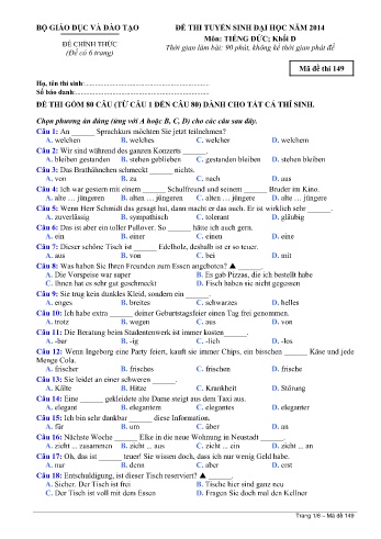 Đề thi tuyển sinh đại học năm 2014 môn Tiếng Đức Khối D - Mã đề 149 (Kèm đáp án)