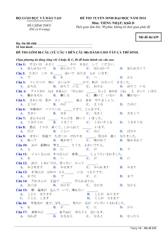Đề thi tuyển sinh đại học năm 2014 môn Tiếng Nhật Khối D - Mã đề 639 (Kèm đáp án)