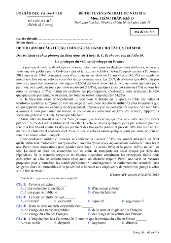 Đề thi tuyển sinh đại học năm 2014 môn Tiếng Pháp Khối D - Mã đề 715 (Kèm đáp án)