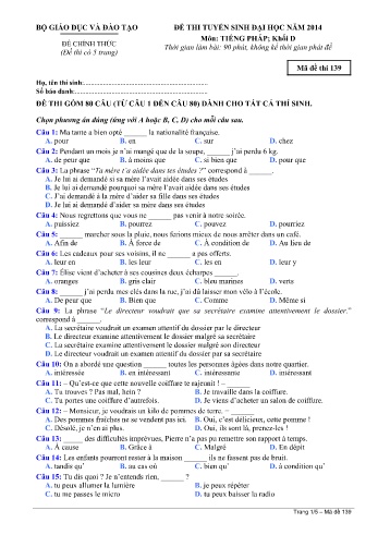 Đề thi tuyển sinh đại học năm 2014 môn Tiếng Pháp Khối D - Mã đề 139 (Kèm đáp án)