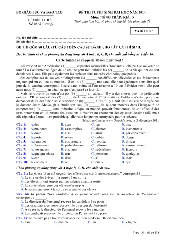 Đề thi tuyển sinh đại học năm 2014 môn Tiếng Pháp Khối D - Mã đề 573 (Kèm đáp án)