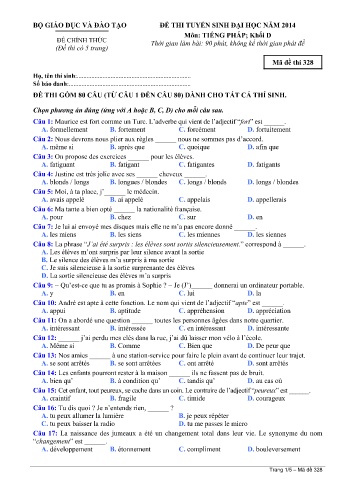Đề thi tuyển sinh đại học năm 2014 môn Tiếng Pháp Khối D - Mã đề 328 (Kèm đáp án)