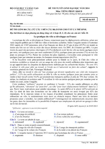 Đề thi tuyển sinh đại học năm 2014 môn Tiếng Pháp Khối D - Mã đề 835 (Kèm đáp án)