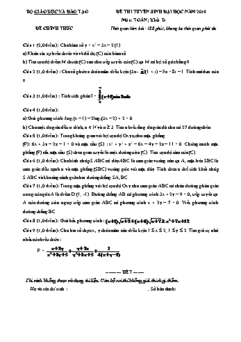 Đề thi tuyển sinh đại học năm 2014 môn Toán Khối D (Kèm đáp án)