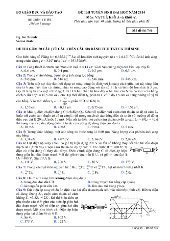 Đề thi tuyển sinh đại học năm 2014 môn Vật lí Khối A+A1 - Mã đề 746 (Kèm đáp án)