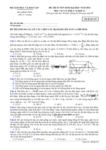 Đề thi tuyển sinh đại học năm 2014 môn Vật lí Khối A+A1 - Mã đề 319 (Kèm đáp án)