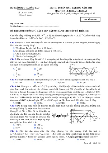Đề thi tuyển sinh đại học năm 2014 môn Vật lí Khối A+A1 - Mã đề 692 (Kèm đáp án)