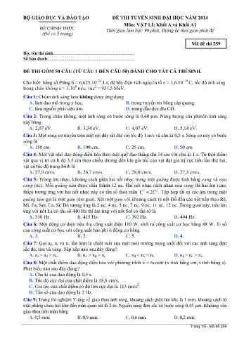Đề thi tuyển sinh đại học năm 2014 môn Vật lí Khối A+A1 - Mã đề 259 (Kèm đáp án)
