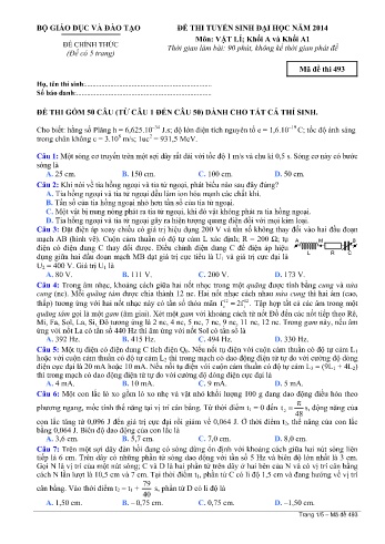Đề thi tuyển sinh đại học năm 2014 môn Vật lí Khối A+A1 - Mã đề 493 (Kèm đáp án)