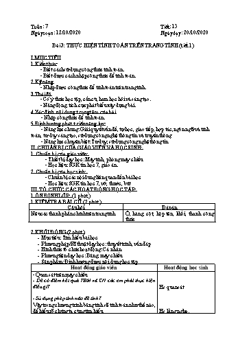 Giáo án môn Tin học Lớp 7 - Tiết 13+14, Bài 3: Thực hiện tính toán trên trang tính (Tiết 1+2) - Năm học 2020-2021