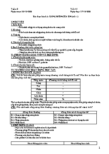 Giáo án môn Tin học Lớp 7 - Tiết 15, Bài thực hành 3: Bảng điểm của em (Tiết 1) - Năm học 2020-2021