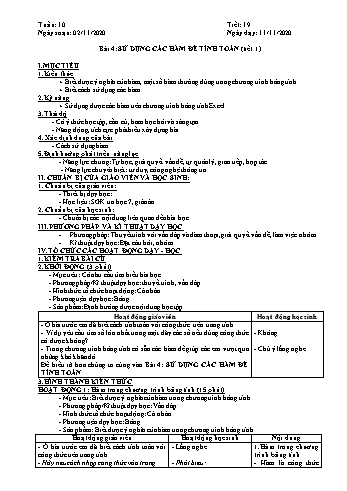 Giáo án môn Tin học Lớp 7 - Tiết 19, Bài 4: Sử dụng các hàm để tính toán (Tiết 1) - Năm học 2020-2021