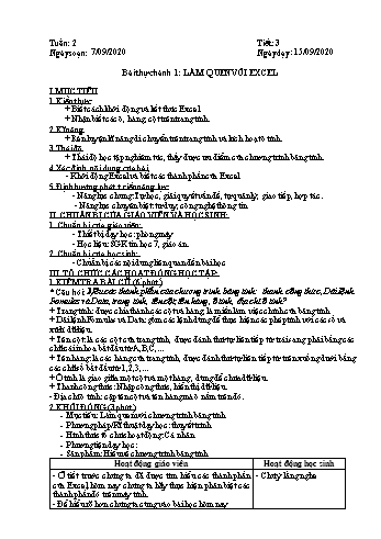 Giáo án môn Tin học Lớp 7 - Tiết 3+4, Bài thực hành 1: Làm quen với Excel - Năm học 2020-2021