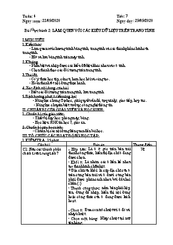 Giáo án môn Tin học Lớp 7 - Tiết 7+8, Bài thực hành 2: Làm quen với các kiểu dữ liệu trên trang tính - Năm học 2020-2021