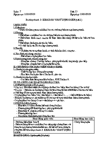 Giáo án môn Tin học Lớp 8 - Tiết 13+14, Bài thực hành 3: Khai báo và sử dụng biến (Tiết 1+2) - Năm học 2020-2021