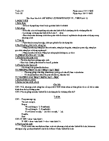 Giáo án môn Tin học Lớp 8 - Tiết 28, Bài thực hành 4: Sử dụng lệnh điều kiện If...then (Tiết 2) - Năm học 2018-2019