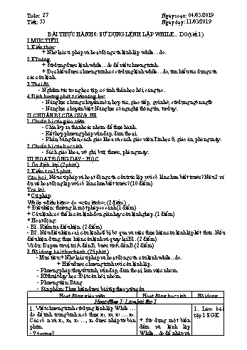 Giáo án môn Tin học Lớp 8 - Tiết 53, Bài thực hành 6: Sử dụng lệnh lặp while…do (Tiết 1) - Năm học 2018-2019