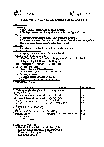 Giáo án môn Tin học Lớp 8 - Tiết 9+10, Bài thực hành 2: Viết chương trình để tính toán (Tiết 1+2) - Năm học 2020-2021