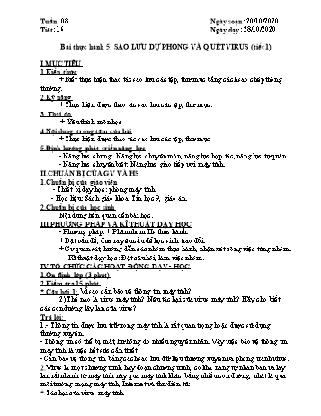 Giáo án môn Tin học Lớp 9 - Tiết 16+17, Bài thực hành 5: Sao lưu dự phòng và quét virus (Tiết 1+2) - Năm học 2020-2021