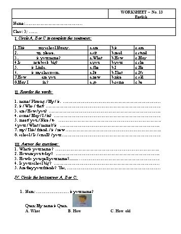 Phiếu bài tập môn Tiếng Anh Lớp 3 - Phiếu bài tập số 13