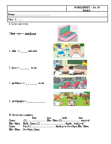 Phiếu bài tập môn Tiếng Anh Lớp 3 - Phiếu bài tập số 30 Phiếu bài tập môn Tiếng Anh Lớp 3 - Phiếu bài tập số 30