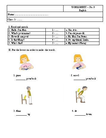 Phiếu bài tập môn Tiếng Anh Lớp 3 - Phiếu bài tập số 9