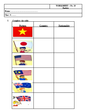 Phiếu bài tập môn Tiếng Anh Lớp 4 - Phiếu bài tập số 10