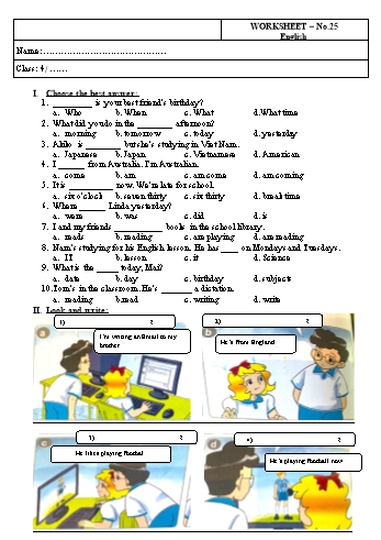 Phiếu bài tập môn Tiếng Anh Lớp 4 - Phiếu bài tập số 25 Phiếu bài tập môn Tiếng Anh Lớp 4 - Phiếu bài tập số 25
