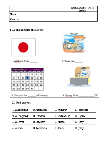Phiếu bài tập môn Tiếng Anh Lớp 4 - Phiếu bài tập số 2