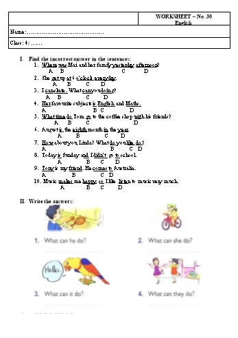 Phiếu bài tập môn Tiếng Anh Lớp 4 - Phiếu bài tập số 30 Phiếu bài tập môn Tiếng Anh Lớp 4 - Phiếu bài tập số 30