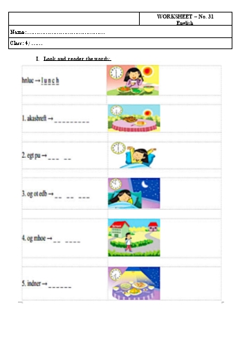 Phiếu bài tập môn Tiếng Anh Lớp 4 - Phiếu bài tập số 31 Phiếu bài tập môn Tiếng Anh Lớp 4 - Phiếu bài tập số 31