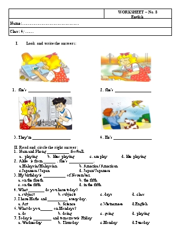 Phiếu bài tập môn Tiếng Anh Lớp 4 - Phiếu bài tập số 8