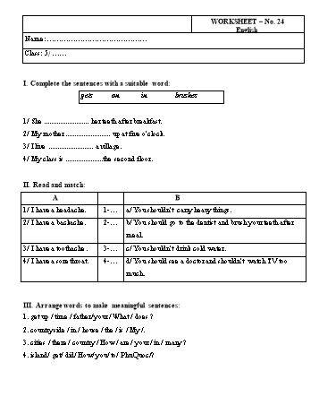 Phiếu bài tập môn Tiếng Anh Lớp 5 - Phiếu bài tập số 24 Phiếu bài tập môn Tiếng Anh Lớp 5 - Phiếu bài tập số 24