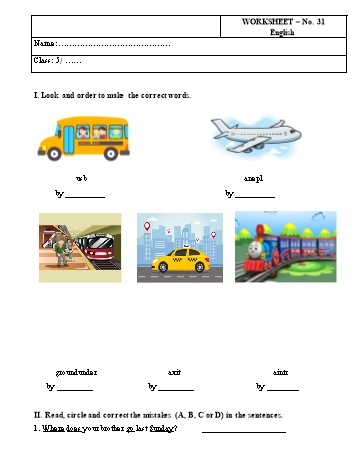 Phiếu bài tập môn Tiếng Anh Lớp 5 - Phiếu bài tập số 31